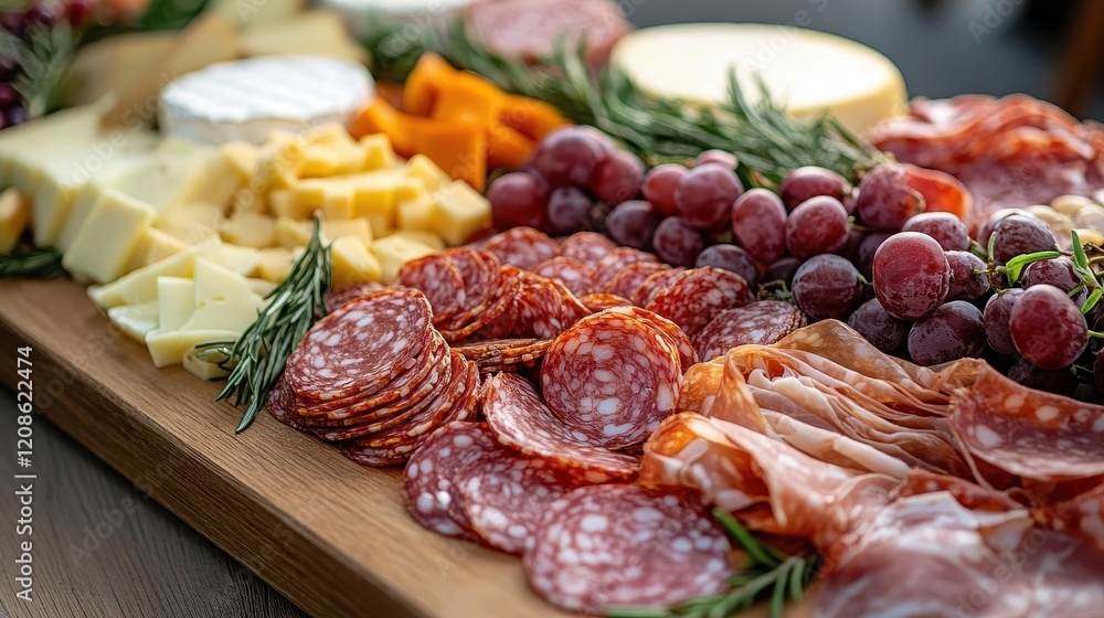 Charcuterie board, close-up of various cheeses, meats, and fruits arranged beautifully on a wooden board Charcuterie board, close-up of various cheeses, meats, and fruits arranged beautifully on a wooden board