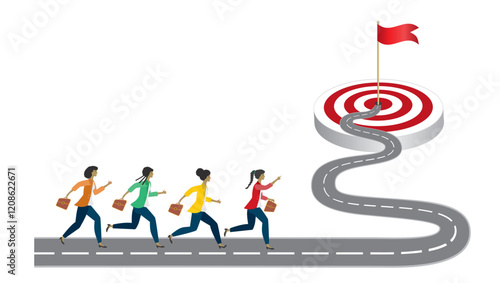 Group of women running on winding road to goal. Isolated. Vector illustration.