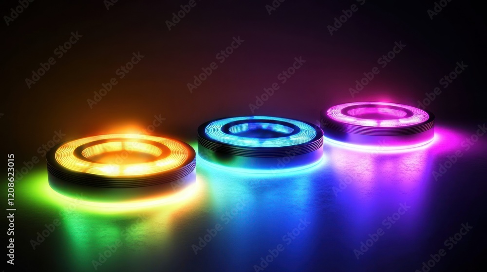 Three vibrant neon rings glowing on dark background. Three vibrant neon rings glowing on dark background.