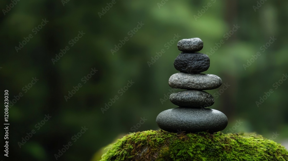 Balanced gray stones stacked on mossy rock in forest.