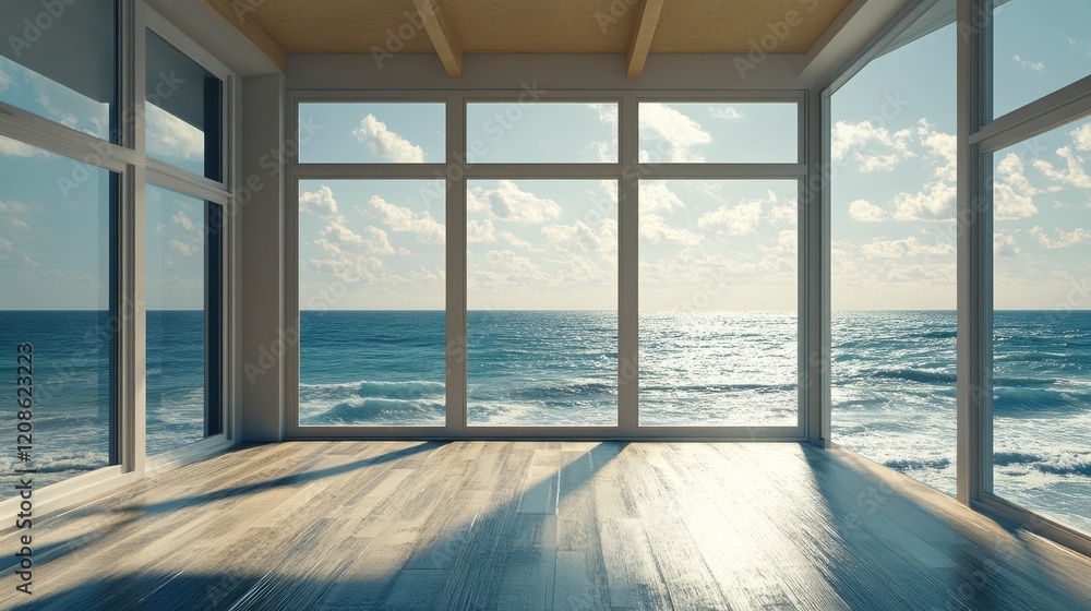 Obraz premium Sunlit ocean view through large windows in modern empty room