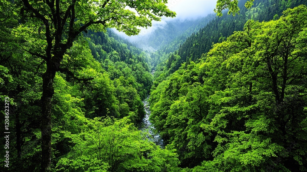 Lush green valley river, misty mountains, nature tranquility Lush green valley river, misty mountains, nature tranquility