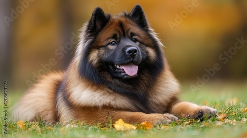 Adorable Eurasier Dog Relaxing in Autumnal Park Setting photo