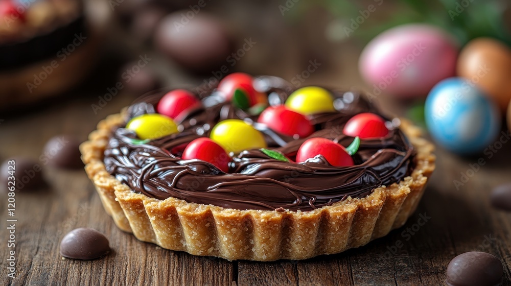 Easter mini tart with colorful chocolate eggs on rustic wooden table Easter mini tart with colorful chocolate eggs on rustic wooden table