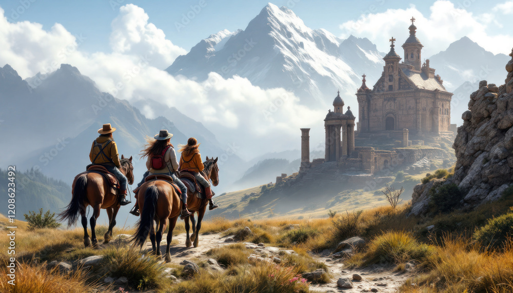 Naklejka premium Majestic Mountain Church: Horseback Riders Journey