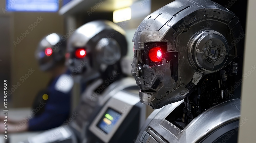 Futuristic Robots with Red Eyes Waiting in Line Advanced AI Technology Cyberpunk Style
