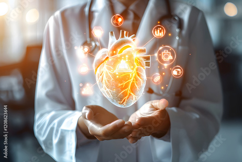 Physician Displaying Digital Human Heart Model with Medical Icons photo