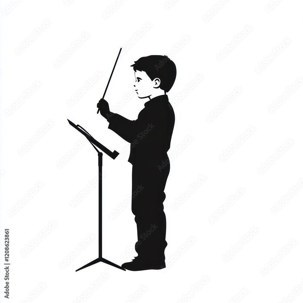 Young boy conducts orchestra; music stand; white background; educational illustration. Young boy conducts orchestra; music stand; white background; educational illustration.