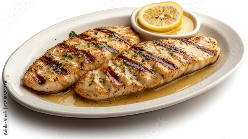 Grilled fish fillets with lemon butter sauce. photo