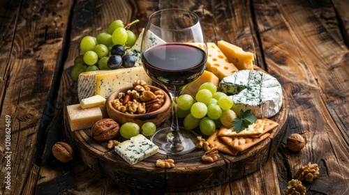 Rustic Cheese Board with Red Wine and Nuts photo