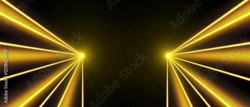 Yellow laser beams, concert or nightclub spotlights light effect. Lasers in motion, abstract perspective background. Vector illustration.