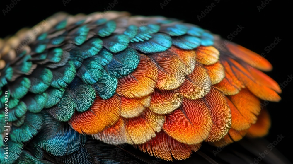 Obraz premium Vivid Bird Feathers Close up Teal Orange and Gold Plumage Texture