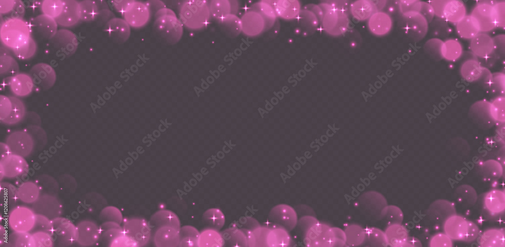 Pink bokeh with stars and sparkles, shiny overlay decoration isolated on grey background. Vector illustration.
