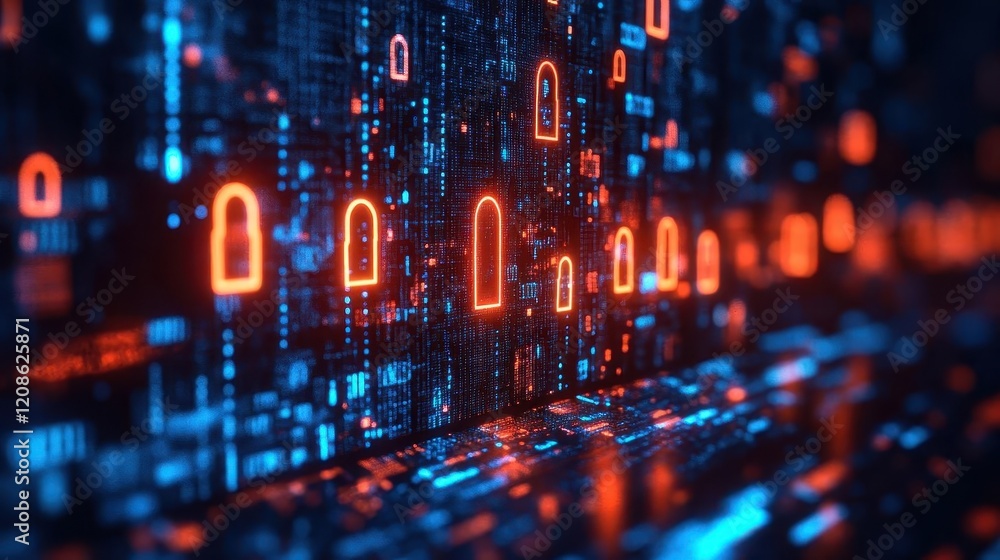 Cybersecurity software, close-up of encrypted data on screen, security lock icons Cybersecurity software, close-up of encrypted data on screen, security lock icons