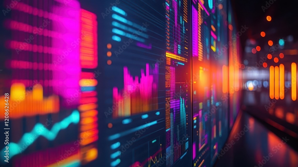 Data analytics dashboard, close-up of interactive data charts on a monitor, vibrant colors Data analytics dashboard, close-up of interactive data charts on a monitor, vibrant colors