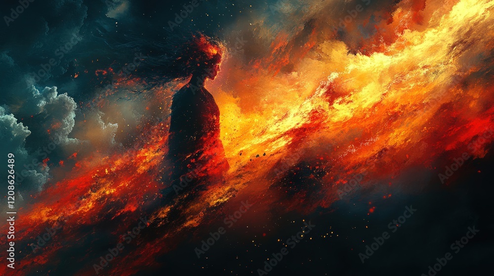 Fiery figure engulfed in swirling flames. Fiery figure engulfed in swirling flames.