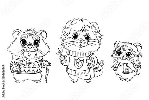 Three cute cartoon hamsters dressed in sweaters and accessories, standing in a group. Black and white line art illustration for coloring book. Family or friends concept.