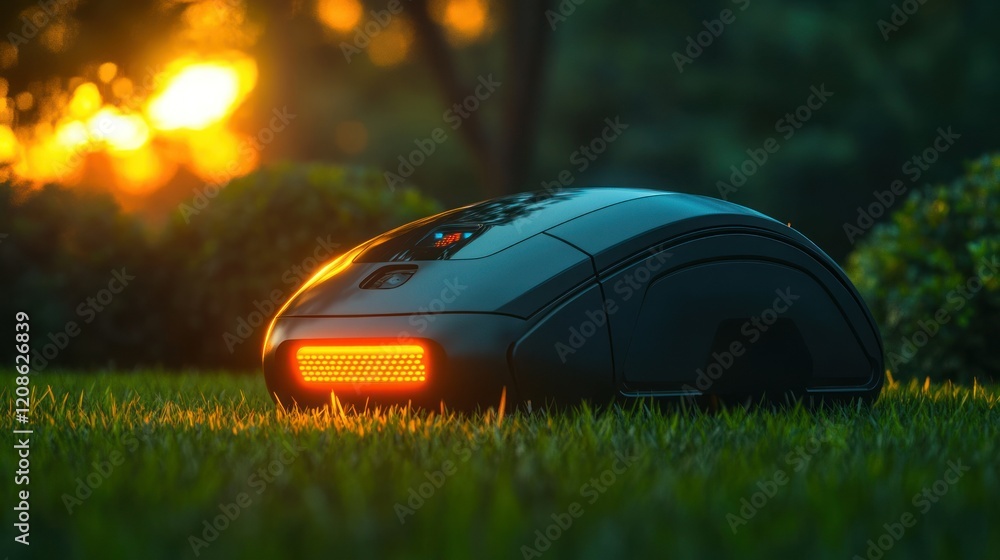 Robotic lawnmower in garden at sunset. Robotic lawnmower in garden at sunset.