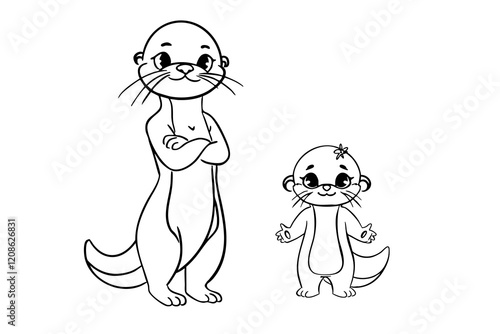 Otter mother and daughter in linear art style on a white background. Black and white illustration suitable. Wildlife and family bond concept for design and print