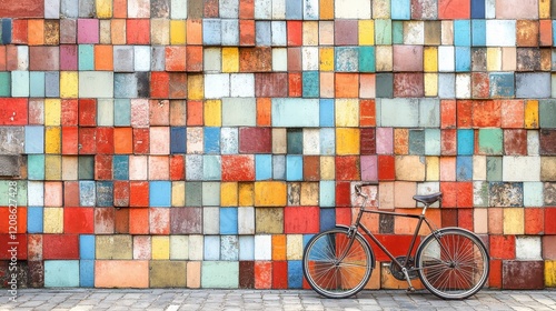 Colorful Mosaic Tile Wall with Vintage Bicycle Urban Street Scene Retro Bike photo