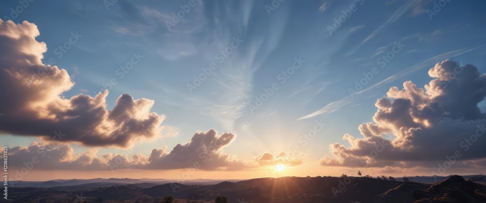 Fototapeta premium A bright and airy scene of a clear blue sky with a few wispy clouds against the sun, sunlight filtering through , airy, scenery