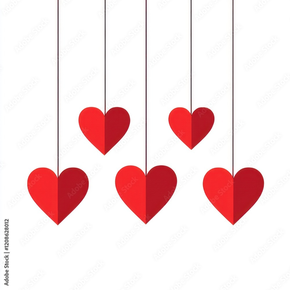 Hanging red hearts, Valentine's decor, white background, romantic design Hanging red hearts, Valentine's decor, white background, romantic design