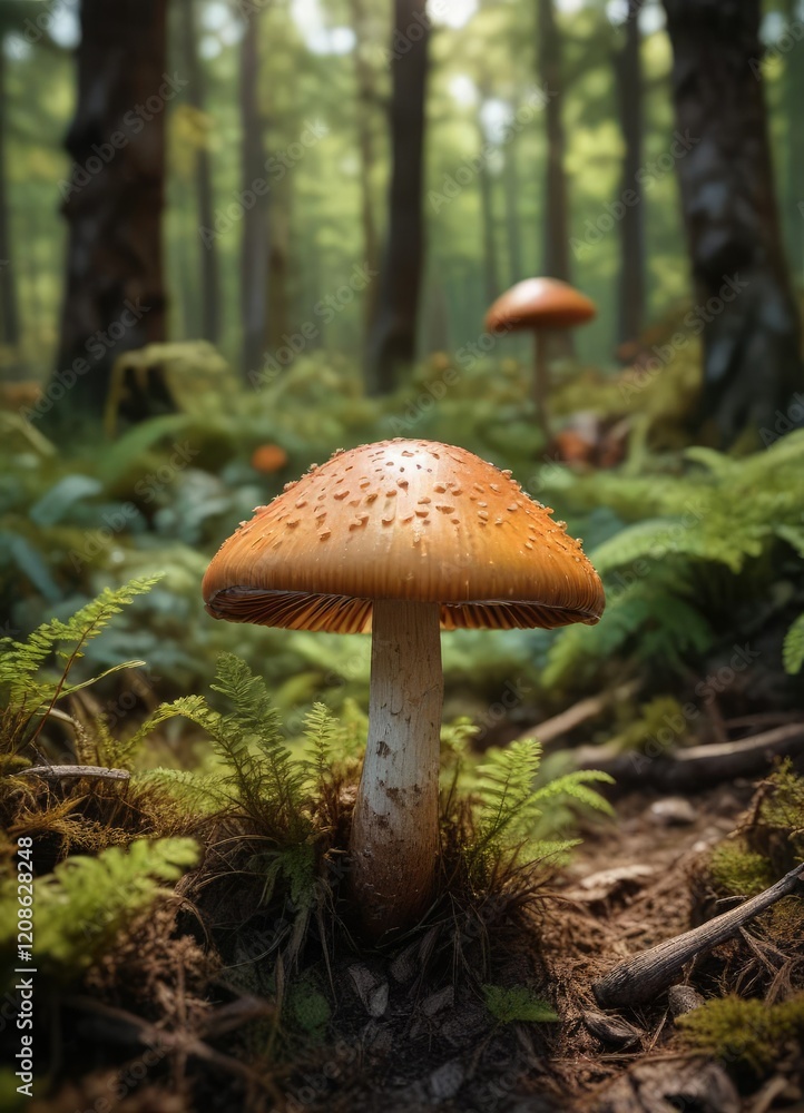Fototapeta premium A brown-gilled mushroom growing in the undergrowth of a forest, leafy greens, brown gills,