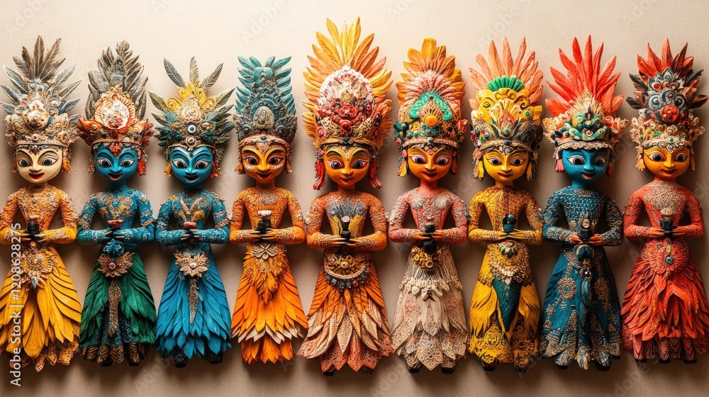 Fototapeta premium Ornate, colorful, wooden figurines in a row.