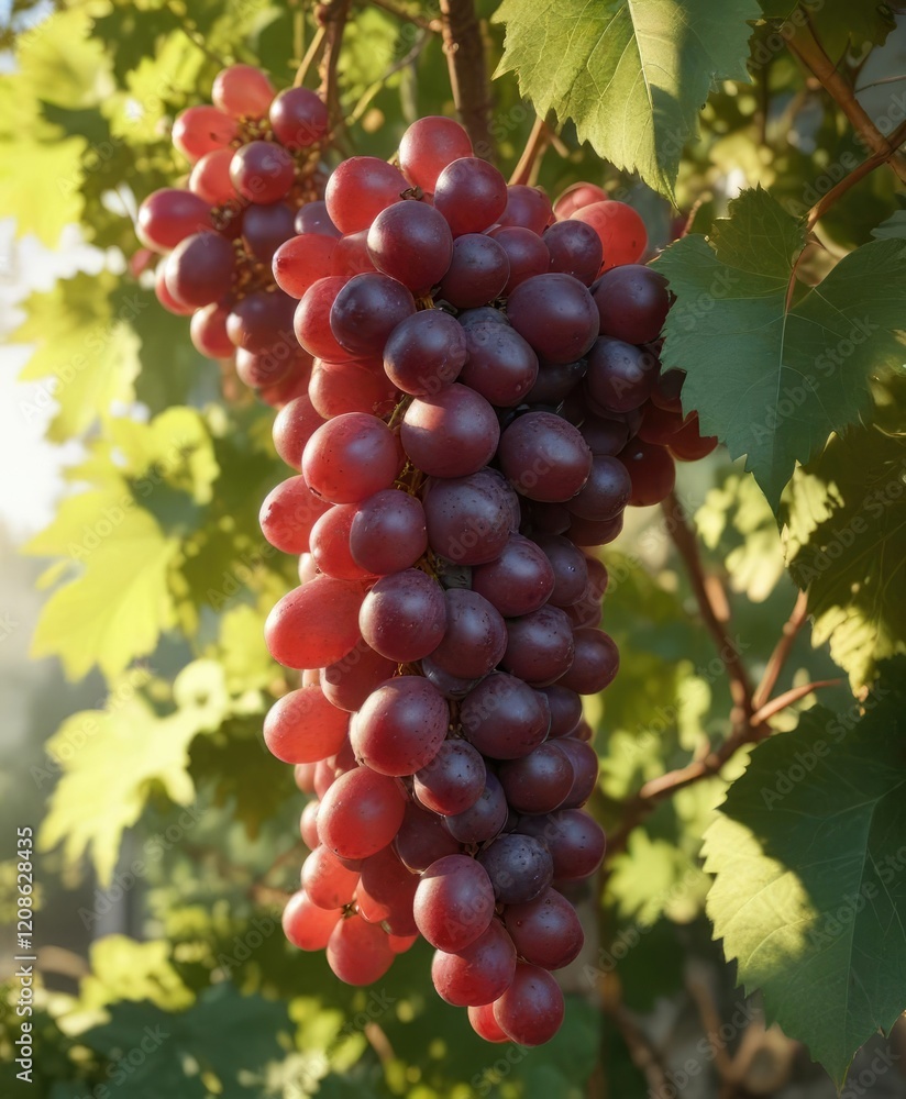 A bunch of red grapes nestled among the leaves of a mature grapevine, with a warm sun shining down on them, grapevine, leafy branches A bunch of red grapes nestled among the leaves of a mature grapevine, with a warm sun shining down on them, grapevine, leafy branches