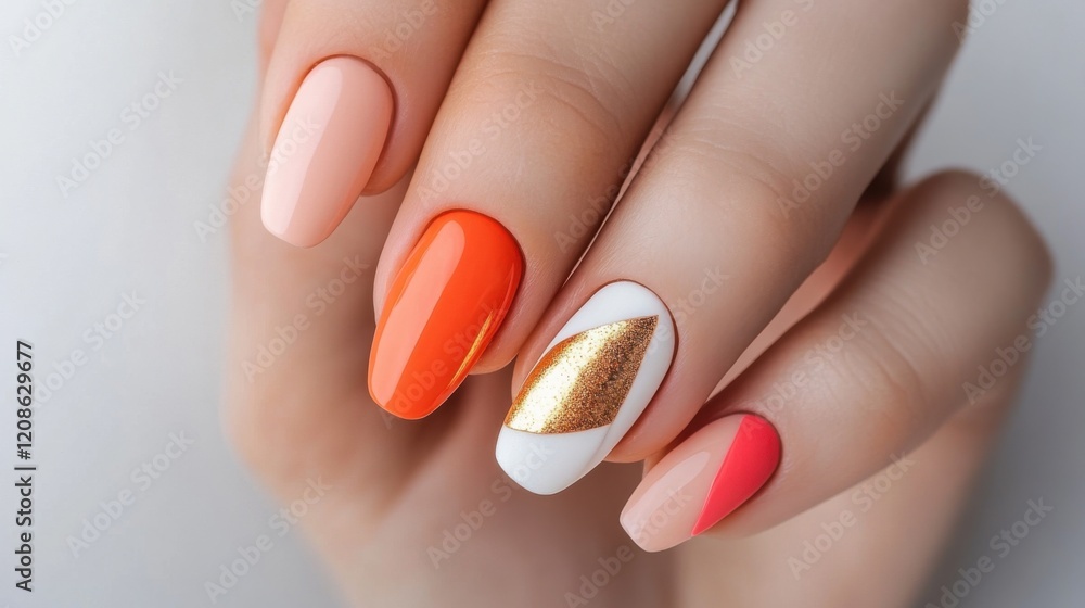Modern manicure with mocha mousse tones, bold coral designs, and glossy golden finishes Modern manicure with mocha mousse tones, bold coral designs, and glossy golden finishes