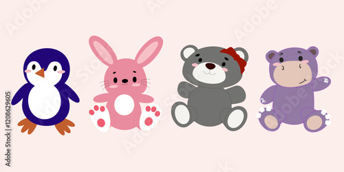 Cartoon penguin, pink rabbit, gray teddy bear with red bow, and purple hippo sitting on light beige background. Cute animal illustration