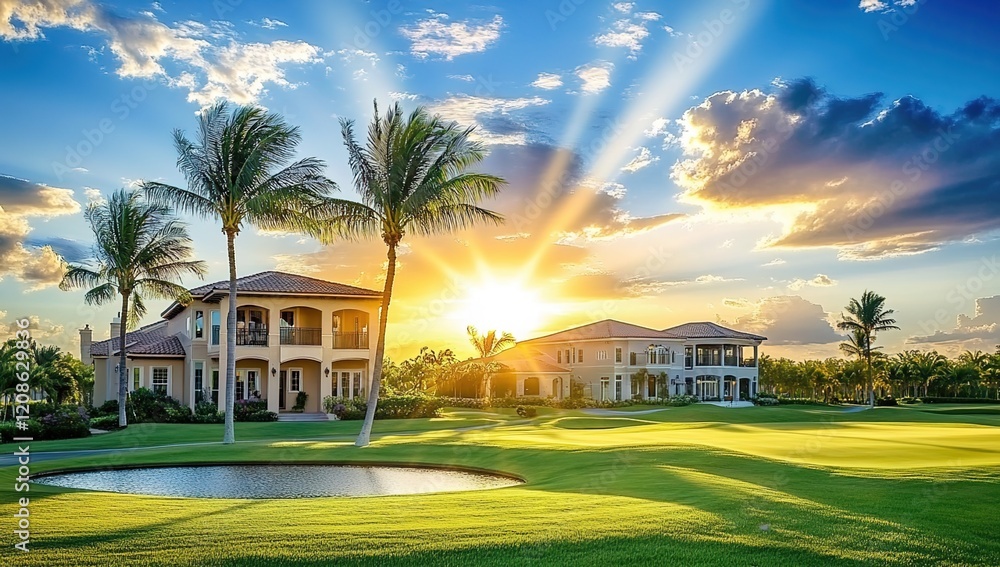 Fototapeta premium A stunning view of the golf course with palm trees and luxury homes at sunset in Miami