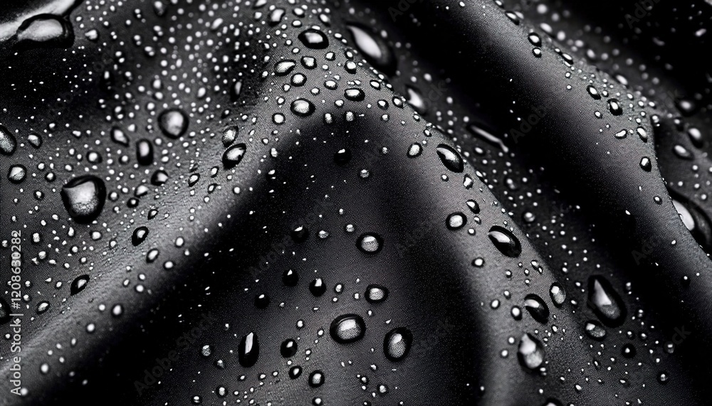 Close-up of water droplets on black fabric, highlighting the texture and shine for product photography. Close-up of water droplets on black fabric, highlighting the texture and shine for product photography.