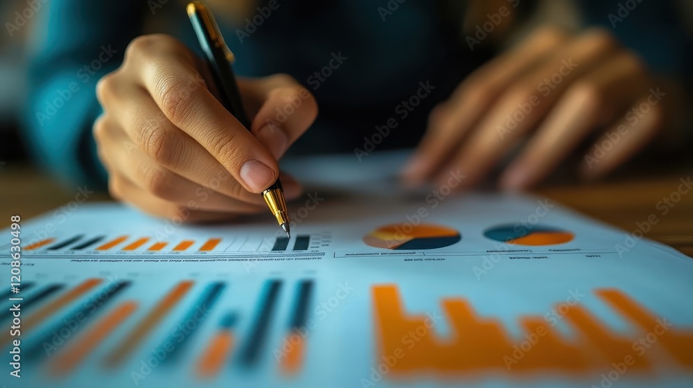 Financial report, close-up of hands highlighting charts and graphs, office desk with documents Financial report, close-up of hands highlighting charts and graphs, office desk with documents