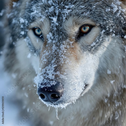 A close-up of a timber wolf's face with its fur fluffed up and eyes narrowed against the cold, fur, facial expression, nose photo