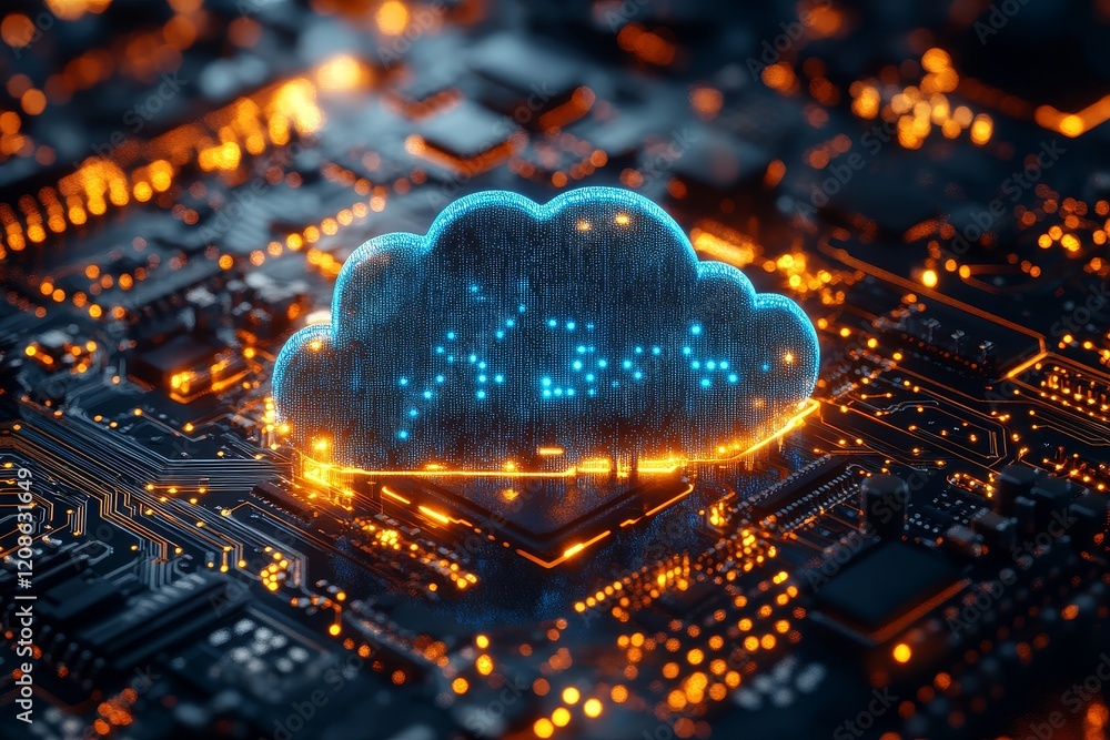 3D rendering of a tiny blue cloud icon on a circuit board background, symbolizing virtual data storage and digital security in cloud technology. 3D rendering of a tiny blue cloud icon on a circuit board background, symbolizing virtual data storage and digital security in cloud technology.