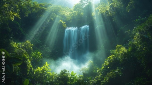 misty rainforest canopy with shafts of sunlight multilayered vegetation dramatic waterfall in background rich emerald tones photo