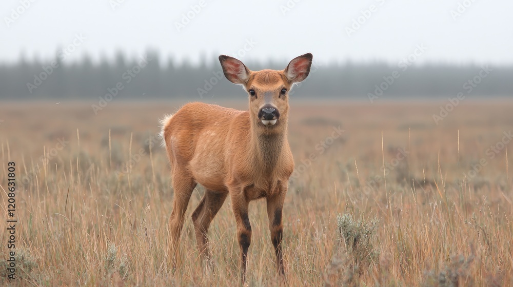 Young deer in foggy autumn field. Wildlife conservation image Young deer in foggy autumn field. Wildlife conservation image