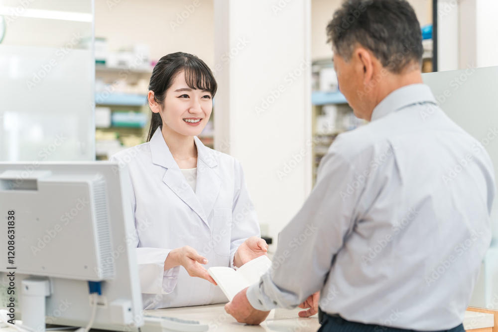 薬局で薬の相談を受ける高齢者男性と薬剤師・調剤師の女性
薬局で薬の相談を受ける高齢者男性と薬剤師・調剤師の女性