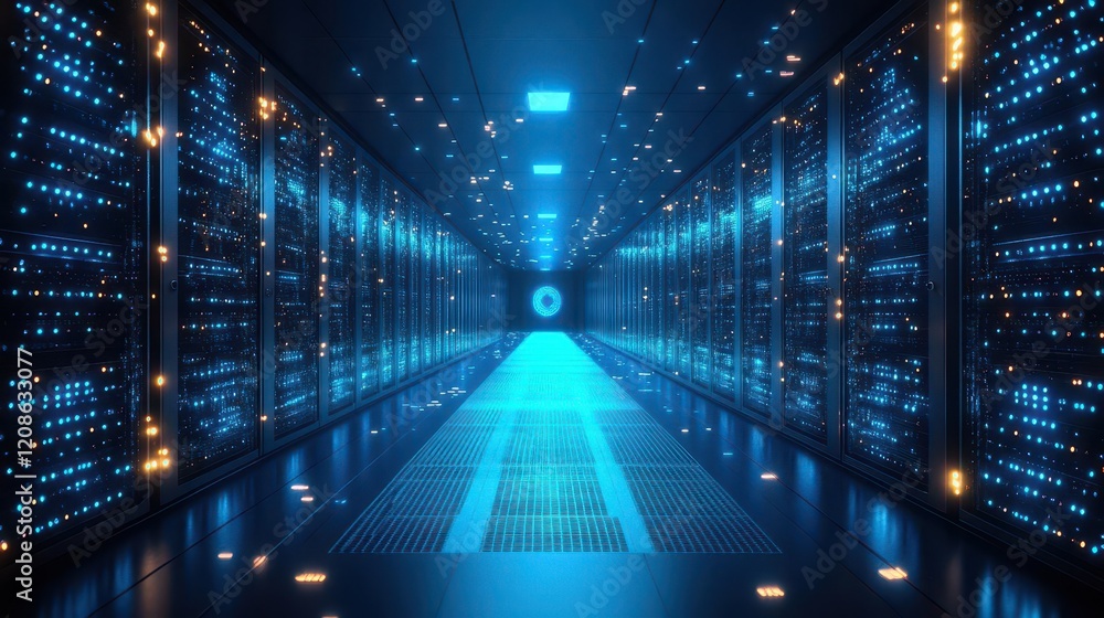 modern data center with rows of servers bathed in blue led light featuring holographic warning displays and secure containment zones modern data center with rows of servers bathed in blue led light featuring holographic warning displays and secure containment zones