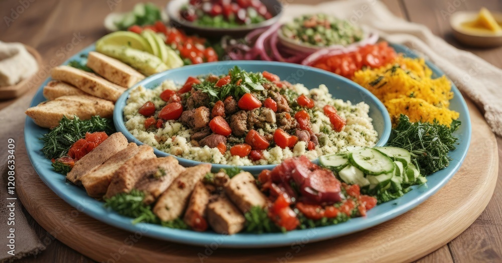 A colorful platter of mezze with tabbouleh at the center , food platter, baba ganoush A colorful platter of mezze with tabbouleh at the center , food platter, baba ganoush