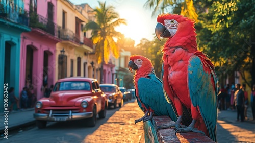Colorful parrots perched beside vintage cars in vibrant city street