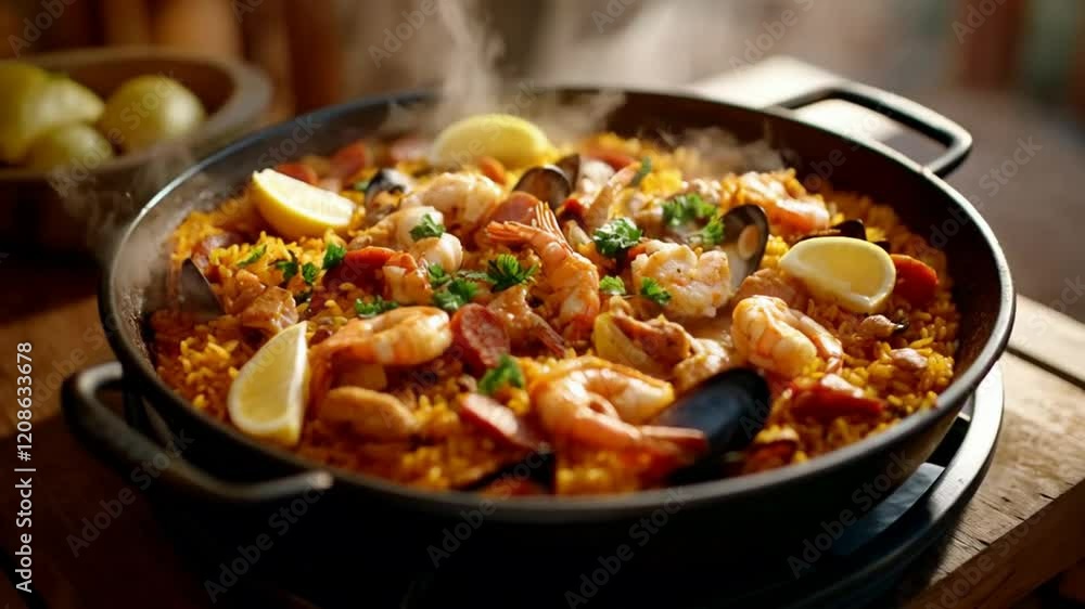 Delicious seafood paella served in a traditional pan and garnished with lemon slices Delicious seafood paella served in a traditional pan and garnished with lemon slices
