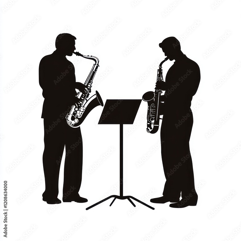 Naklejka premium Saxophone duo performing on stage, music sheet, concert.