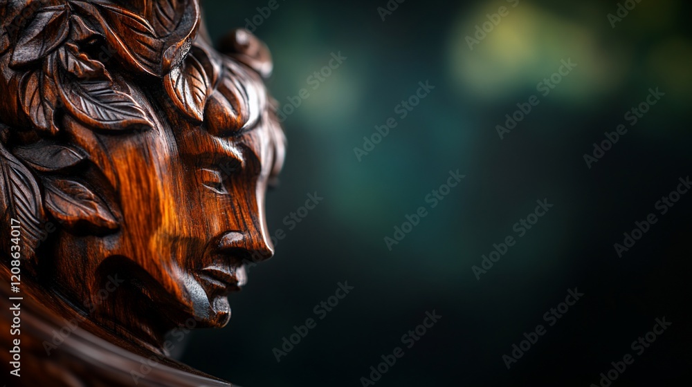 Carved wood faun, nature backdrop, artistic detail, home decor Carved wood faun, nature backdrop, artistic detail, home decor