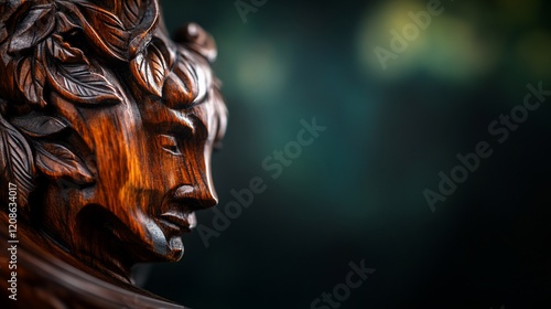 Carved wood faun, nature backdrop, artistic detail, home decor photo