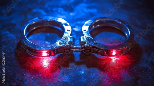 Illuminated handcuffs on dark surface, crime scene investigation
