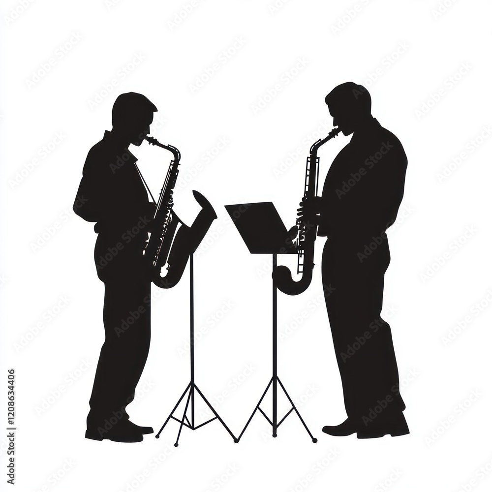 Naklejka premium Saxophonists duet, music stand, performance, silhouette, studio, background white, jazz, illustration