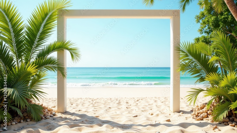 Fototapeta premium An eye-level shot of a pristine white square frame with elegant pillars stands proudly at a sun-kissed beach, framed by swaying palms on each side, nestled in soft sand