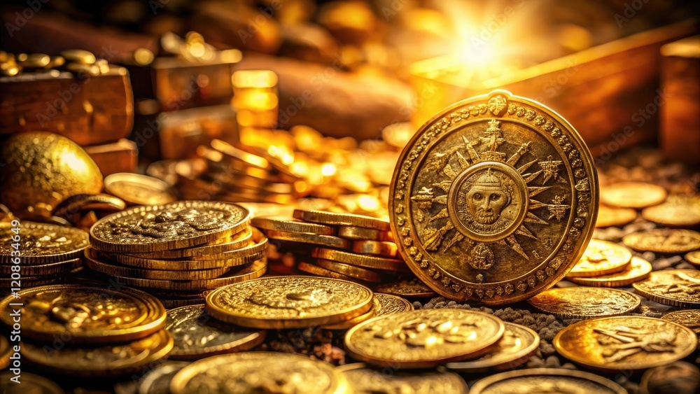 A large, glittering gold coin sitting on a pile of treasure, surrounded by ancient artifacts and mysterious relics, riches, historical objects, mysterious objects A large, glittering gold coin sitting on a pile of treasure, surrounded by ancient artifacts and mysterious relics, riches, historical objects, mysterious objects